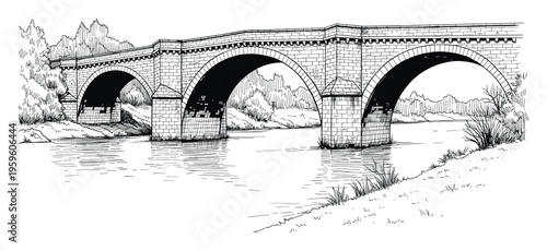 A serene hand drawn sketch of a classic stone arch bridge crossing a calm river amidst natural landscape and abundant greenery, suitable for architectural, travel, and historical visual