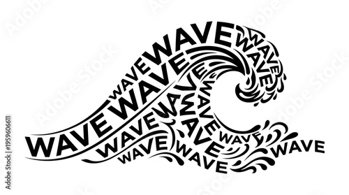 Minimalist black vector calligram of the word WAVE forming an ocean wave