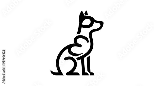 Minimalist black calligram dog silhouette formed by the word PET