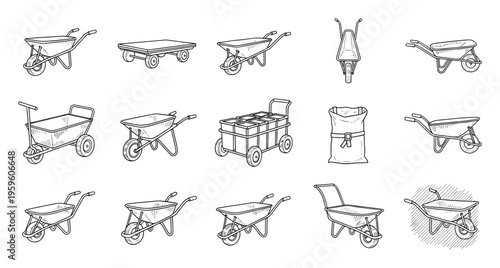 Collection of various hand drawn wheelbarrows and utility carts for gardening, construction, and agricultural projects, perfect for instructional materials and home improvement guides