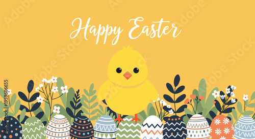 Happy Easter vector illustration of a cute chick surrounded by decorative Easter eggs and floral elements, perfect for spring celebrations