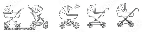 Variety of hand drawn baby strollers and prams presented in doodle style perfect for infant care websites, maternity product promotions, and nursery decor projects.