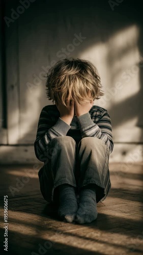 Sad child sitting alone at home.	