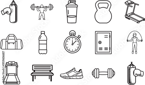 A collection of illustrated gym equipment showcases a dynamic array of fitness essentials, representing elements of exercise and health.