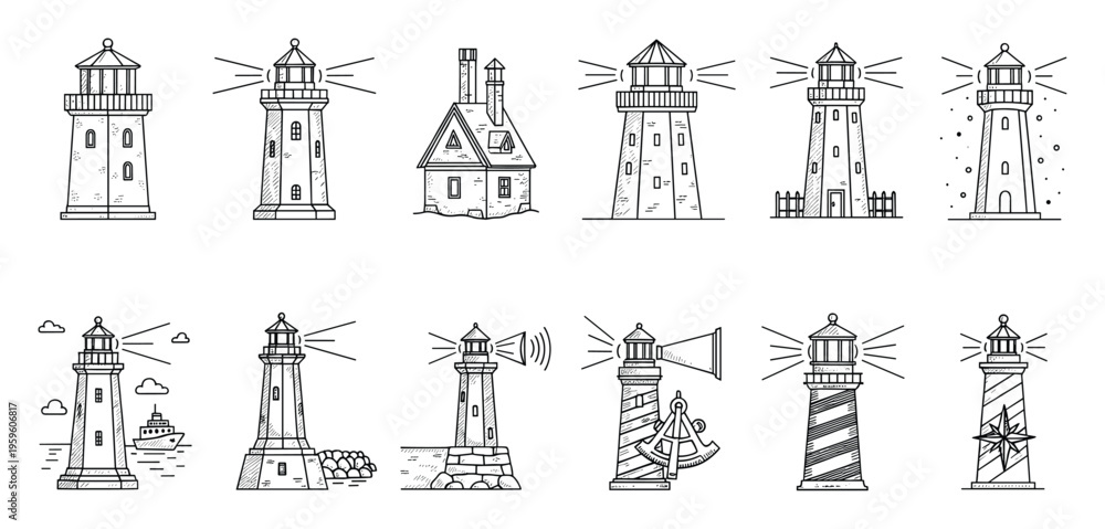 Fototapeta premium Collection of outlined nautical lighthouses in various shapes and styles providing guidance and safety for ships at sea, suitable for maritime themed graphic projects and educational