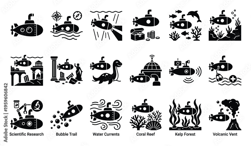 Obraz premium Versatile submarine exploration symbols portraying deep sea adventures, scientific research, historical discoveries, marine ecosystems, and mysterious underwater phenomena for educational