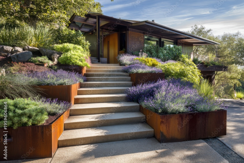 Fototapeta premium The entrance of a contemporary house features beautifully designed garden steps surrounded by vibrant plants, all basking in the warm sunlight near lush, green trees