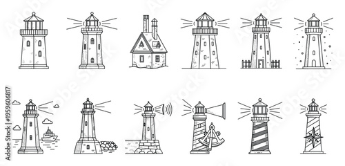 Collection of outlined nautical lighthouses in various shapes and styles providing guidance and safety for ships at sea, suitable for maritime themed graphic projects and educational