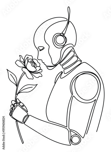 Futuristic robot with humanlike features holding and gently smelling a delicate rose flower in a modern continuous line drawing for themes of technology, emotion, and connection