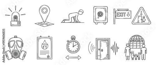 A comprehensive collection of safety and emergency linear icons depicting essential elements like alarm, exit, fire, gas mask, and evacuation procedures for various informational and