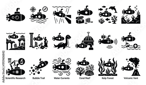 Versatile submarine exploration symbols portraying deep sea adventures, scientific research, historical discoveries, marine ecosystems, and mysterious underwater phenomena for educational