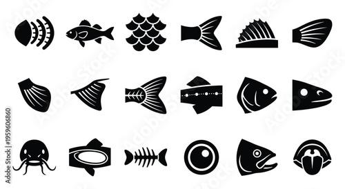 This comprehensive collection of fish anatomy and fishingrelated silhouette icons is perfect for seafood product packaging, angling industry applications, and aquatic biology educational