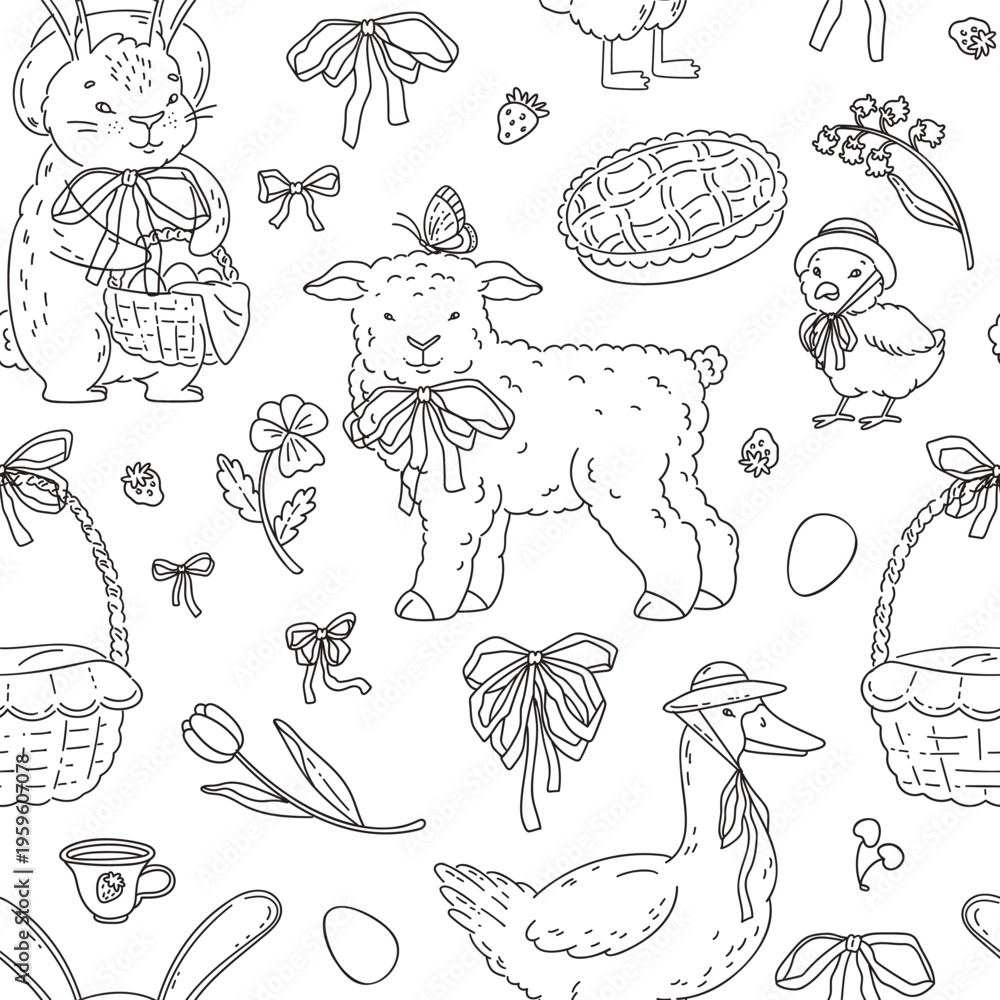 Obraz premium Happy Easter doodle seamless pattern. Animals with cute hats, bows. Spring holiday. Bunny, lamb, goose, and chick. Egg, flower, basket, Easter cake, ribbon, tulip, pie. Vector illustration.