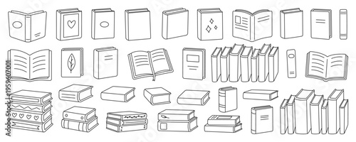 Outline vector set of assorted books. Various styles including open, closed, and stacked