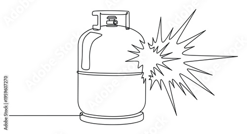Single continuous line drawing illustrating a gas cylinder with an explosion symbol representing potential danger and industrial accidents useful for safety warnings and educational