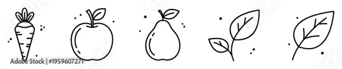 Collection of minimalist line icons featuring various healthy food items including a fresh carrot, juicy apple, sweet pear, and organic plant leaves, perfect for nutrition guides or nature