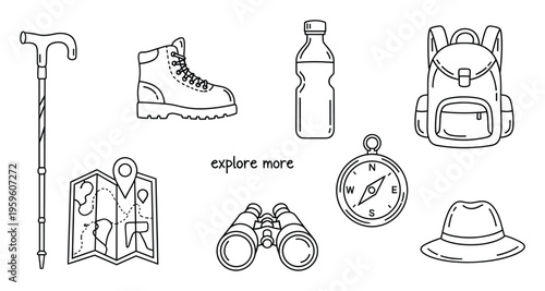 Collection of essential line art outdoor adventure gear icons including walking stick, hiking boot, backpack, map, compass, binoculars, and hat for travel and exploration themed projects