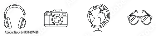 Essential travel and leisure accessories represented by clean line icons including headphones, a camera, a globe, and sunglasses, perfect for web, app, and print media projects.