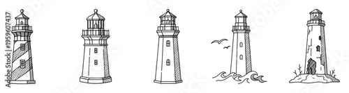 Collection of hand drawn lighthouse outlines perfect for marine themed projects navigational guidance and coastal journey storytelling applications