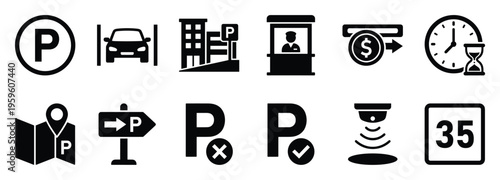 Essential parking service icons illustrating availability, payment, time limits, and location, perfect for modern digital interfaces, navigation apps, and transportation infographics