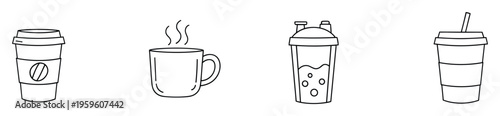 A collection of simple black outline beverage containers including a coffee cup, steaming mug, shaker bottle, and drink cup with straw, perfect for cafe menus, drink promotions, or digital