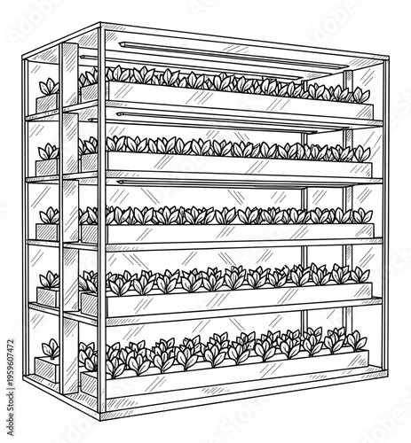 A sketch illustrating a multilevel vertical farming system featuring thriving green plants illuminated by indoor grow lights, ideal for educational content about sustainable agriculture and