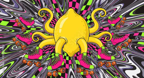 A vibrant psychedelic illustration featuring a yellow lemon octopus wearing pink roller skates against a trippy, swirling background with checkered patterns.