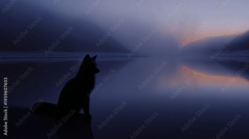 Naklejka premium A serene scene of a silhouette of a fox by a calm lake during dusk. The misty ambiance enhances the tranquil beauty of nature. Perfect for wildlife lovers and tranquil art. AI