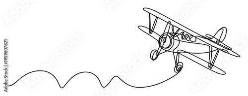 Continuous line stroke drawing depicting a vintage biplane flying along a dynamic wavy trajectory, perfect for travel, transport, and aviation related presentations or promotional materials
