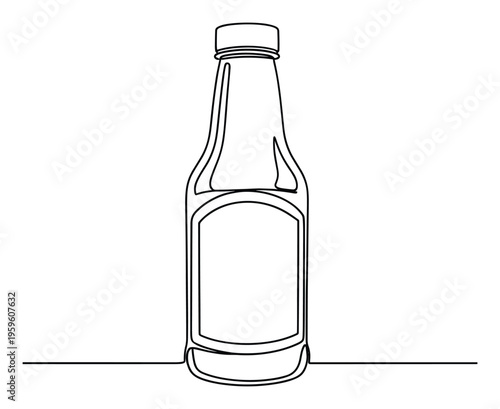 Monochrome continuous line drawing of a sleek glass or plastic bottle with a screw cap and an empty label area, ideal for food product packaging graphics, marketing materials, or menu