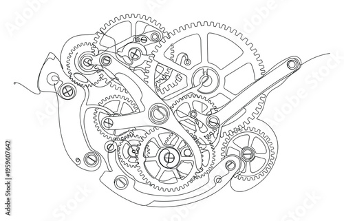 Abstract one line drawing of an elaborate mechanical clockwork mechanism with many gears and intricate parts representing precision and movement ideal for industrial and scientific projects.