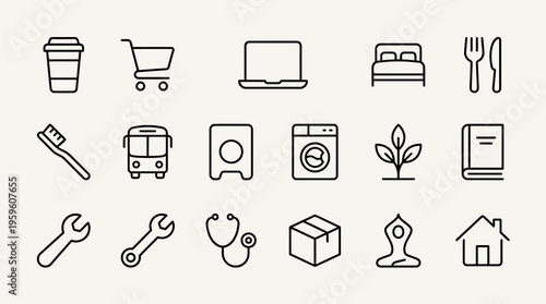 Collection of various line icons for everyday objects and services.