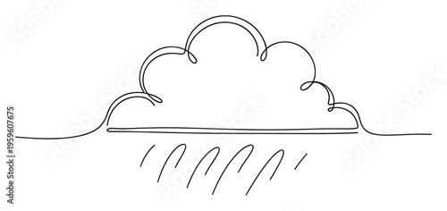 A minimalist single line drawing depicting a stylized rain cloud dropping precipitation, perfect for weather forecasts, environmental graphics, or simple modern icons