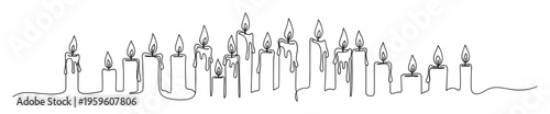 Continuous line drawing of multiple burning candles with melting wax, creating an elegant minimalistic graphic element for holiday greetings, spiritual events, or decorative web and print