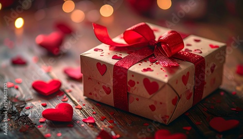 A beautifully wrapped gift box adorned with a red ribbon and surrounded by small red hearts, perfect for Valentines Day.