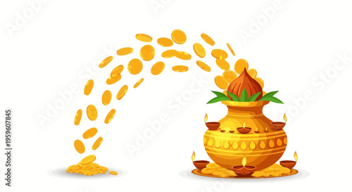 Golden Indian pot, prosperity symbol, wealth icon, traditional vessel