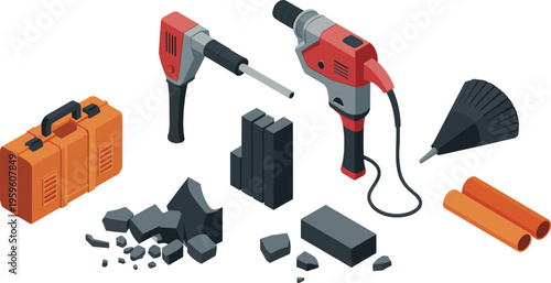 Isometric construction demolition tools set with jackhammers toolbox concrete blocks debris industrial equipment vector illustration