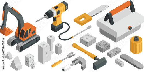 Isometric construction equipment and hand tools set with excavator drill hammer saw building materials industrial vector illustration collection