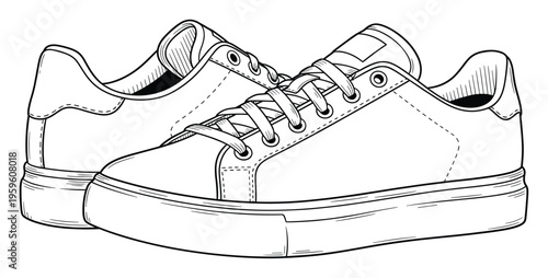 Black and white outline drawing of a pair of comfortable laceup sneakers perfect for casual wear, sportswear advertisements, and modern lifestyle publications