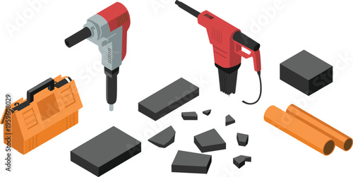 Isometric demolition jackhammers and construction tools set with toolbox concrete blocks industrial breaking equipment vector illustration collection