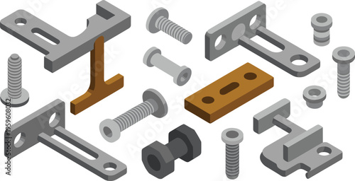 Isometric metal brackets and fasteners set with bolts screws mounting plates mechanical hardware industrial engineering vector illustration collection