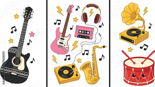 Music instruments collection vector illustration acoustic guitar electric guitar saxophone drum gramophone cassette player retro audio icons set isolated on white background