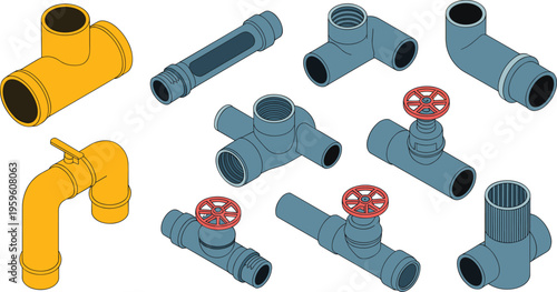 Isometric plumbing pipe fittings set with valves connectors elbows industrial pipeline system water supply vector illustration isolated design
