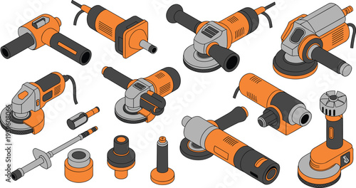 Isometric angle grinders and power tools set with electric equipment workshop machinery professional industrial vector illustration collection