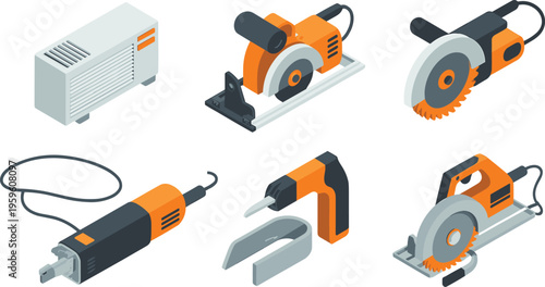Isometric power tools set with circular saw grinder electric cutter drill industrial equipment woodworking vector illustration isolated design