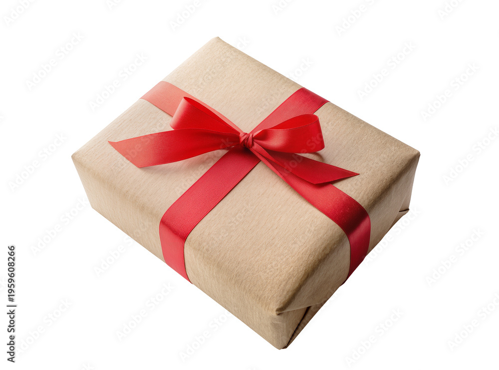 Obraz premium Beautifully wrapped gift box with natural brown paper and a vibrant red satin ribbon bow, perfectly isolated PNG for festive celebrations