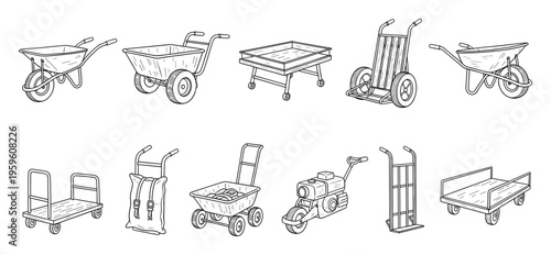 Diverse selection of handdrawn wheeled equipment including wheelbarrows, hand trucks, and utility carts, suitable for illustrating moving, gardening, and heavy lifting operations in various
