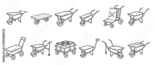 Selection of different wheelbarrows garden carts and utility wagons featuring single and multiple wheel designs suitable for transporting materials in various gardening construction or