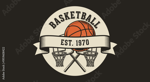 Vintage Style Basketball Emblem with Crossed Hoops and Established Date Centered on a Dark Background Creating Retro Athletic Design Elements for