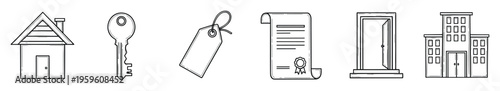 Collection of real estate icons including a house, key, tag, contract, door, and building useful for property buying selling and rental service presentations